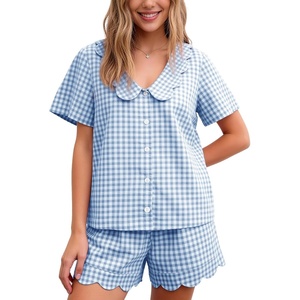 image:imageFlygo Womens Gingham Pajamas Set Cotton Plaid 2 Piece Pjs Set Sleepwear  100 Cotton Lounge Sets Scalloped Collar Shirt Short Sleeve Button Y2K Shorts Elastic Waist Pockets Summer OutfitsBlue