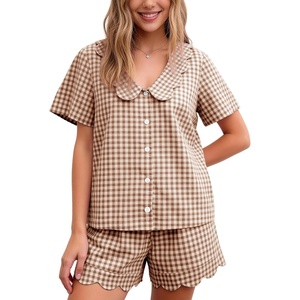 image:imageFlygo Womens Gingham Pajamas Set Cotton Plaid 2 Piece Pjs Set Sleepwear  100 Cotton Lounge Sets Scalloped Collar Shirt Short Sleeve Button Y2K Shorts Elastic Waist Pockets Summer OutfitsBrown