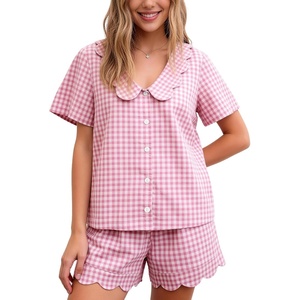 image:imageFlygo Womens Gingham Pajamas Set Cotton Plaid 2 Piece Pjs Set Sleepwear  100 Cotton Lounge Sets Scalloped Collar Shirt Short Sleeve Button Y2K Shorts Elastic Waist Pockets Summer OutfitsPink