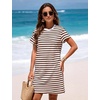 image:imageFlygo Womens Summer T Shirt Dress Cotton Striped Mini Shift Dress  Loose Fit Crewneck Short Sleeve Plain Solid Color Above Knee Length Two Side Pockets Short Vacation Beach Tunic SundressBrownwhite