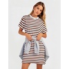 image:imageFlygo Womens Summer T Shirt Dress Cotton Striped Mini Shift Dress  Loose Fit Crewneck Short Sleeve Plain Solid Color Above Knee Length Two Side Pockets Short Vacation Beach Tunic SundressBrownwhite