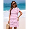 image:imageFlygo Womens Summer T Shirt Dress Cotton Striped Mini Shift Dress  Loose Fit Crewneck Short Sleeve Plain Solid Color Above Knee Length Two Side Pockets Short Vacation Beach Tunic SundressPinkwhite