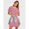 image:imageFlygo Womens Summer T Shirt Dress Cotton Striped Mini Shift Dress  Loose Fit Crewneck Short Sleeve Plain Solid Color Above Knee Length Two Side Pockets Short Vacation Beach Tunic SundressRedwhite