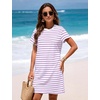 image:imageFlygo Womens Summer T Shirt Dress Cotton Striped Mini Shift Dress  Loose Fit Crewneck Short Sleeve Plain Solid Color Above Knee Length Two Side Pockets Short Vacation Beach Tunic SundressPurplewhite