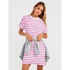 image:imageFlygo Womens Summer T Shirt Dress Cotton Striped Mini Shift Dress  Loose Fit Crewneck Short Sleeve Plain Solid Color Above Knee Length Two Side Pockets Short Vacation Beach Tunic SundressPinkwhite