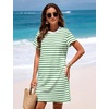 image:imageFlygo Womens Summer T Shirt Dress Cotton Striped Mini Shift Dress  Loose Fit Crewneck Short Sleeve Plain Solid Color Above Knee Length Two Side Pockets Short Vacation Beach Tunic SundressGreenwhite
