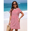 image:imageFlygo Womens Summer T Shirt Dress Cotton Striped Mini Shift Dress  Loose Fit Crewneck Short Sleeve Plain Solid Color Above Knee Length Two Side Pockets Short Vacation Beach Tunic SundressRedwhite