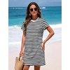 image:imageFlygo Womens Summer T Shirt Dress Cotton Striped Mini Shift Dress  Loose Fit Crewneck Short Sleeve Plain Solid Color Above Knee Length Two Side Pockets Short Vacation Beach Tunic SundressBlackwhite