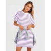 image:imageFlygo Womens Summer T Shirt Dress Cotton Striped Mini Shift Dress  Loose Fit Crewneck Short Sleeve Plain Solid Color Above Knee Length Two Side Pockets Short Vacation Beach Tunic SundressPurplewhite