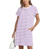 image:imageFlygo Womens Summer T Shirt Dress Cotton Striped Mini Shift Dress  Loose Fit Crewneck Short Sleeve Plain Solid Color Above Knee Length Two Side Pockets Short Vacation Beach Tunic SundressPurplewhite