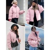 image:imageFlygo Winter Cropped Puffer Jacket Coats for Women 2026  Cute Short Warm Quilted Jackets Outerwear with Zip Pockets Long Sleeve Stand Collar Full Zip Loose Fit for Cold WeatherPink
