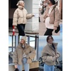 image:imageFlygo Winter Cropped Puffer Jacket Coats for Women 2026  Cute Short Warm Quilted Jackets Outerwear with Zip Pockets Long Sleeve Stand Collar Full Zip Loose Fit for Cold WeatherKhaki