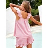 image:imageFlygo Womens Gingham Pajama Sets 2 Piece Summer Ruffle Short Pjs  Cotton Beach Clothes Square Neck Cami Tops Plaid Elastic Waist Shorts with Pockets Drawstring Daily Sleep Rest LoungewearPink