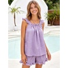 image:imageFlygo Womens Gingham Pajama Sets 2 Piece Summer Ruffle Short Pjs  Cotton Beach Clothes Square Neck Cami Tops Plaid Elastic Waist Shorts with Pockets Drawstring Daily Sleep Rest LoungewearPurple