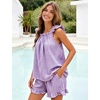 image:imageFlygo Womens Gingham Pajama Sets 2 Piece Summer Ruffle Short Pjs  Cotton Beach Clothes Square Neck Cami Tops Plaid Elastic Waist Shorts with Pockets Drawstring Daily Sleep Rest LoungewearPurple