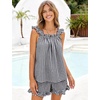image:imageFlygo Womens Gingham Pajama Sets 2 Piece Summer Ruffle Short Pjs  Cotton Beach Clothes Square Neck Cami Tops Plaid Elastic Waist Shorts with Pockets Drawstring Daily Sleep Rest LoungewearBlack