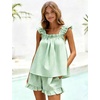 image:imageFlygo Womens Gingham Pajama Sets 2 Piece Summer Ruffle Short Pjs  Cotton Beach Clothes Square Neck Cami Tops Plaid Elastic Waist Shorts with Pockets Drawstring Daily Sleep Rest LoungewearGreen