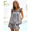 image:imageFlygo Womens Gingham Pajama Sets 2 Piece Summer Ruffle Short Pjs  Cotton Beach Clothes Square Neck Cami Tops Plaid Elastic Waist Shorts with Pockets Drawstring Daily Sleep Rest LoungewearBlack
