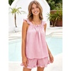 image:imageFlygo Womens Gingham Pajama Sets 2 Piece Summer Ruffle Short Pjs  Cotton Beach Clothes Square Neck Cami Tops Plaid Elastic Waist Shorts with Pockets Drawstring Daily Sleep Rest LoungewearPink