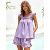 image:imageFlygo Womens Gingham Pajama Sets 2 Piece Summer Ruffle Short Pjs  Cotton Beach Clothes Square Neck Cami Tops Plaid Elastic Waist Shorts with Pockets Drawstring Daily Sleep Rest LoungewearPurple