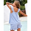 image:imageFlygo Womens Gingham Pajama Sets 2 Piece Summer Ruffle Short Pjs  Cotton Beach Clothes Square Neck Cami Tops Plaid Elastic Waist Shorts with Pockets Drawstring Daily Sleep Rest LoungewearBlue