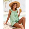 image:imageFlygo Womens Gingham Pajama Sets 2 Piece Summer Ruffle Short Pjs  Cotton Beach Clothes Square Neck Cami Tops Plaid Elastic Waist Shorts with Pockets Drawstring Daily Sleep Rest LoungewearGreen