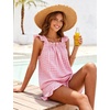image:imageFlygo Womens Gingham Pajama Sets 2 Piece Summer Ruffle Short Pjs  Cotton Beach Clothes Square Neck Cami Tops Plaid Elastic Waist Shorts with Pockets Drawstring Daily Sleep Rest LoungewearPink