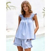 image:imageFlygo Womens Gingham Pajama Sets 2 Piece Summer Ruffle Short Pjs  Cotton Beach Clothes Square Neck Cami Tops Plaid Elastic Waist Shorts with Pockets Drawstring Daily Sleep Rest LoungewearBlue