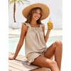 image:imageFlygo Womens Gingham Pajama Sets 2 Piece Summer Ruffle Short Pjs  Cotton Beach Clothes Square Neck Cami Tops Plaid Elastic Waist Shorts with Pockets Drawstring Daily Sleep Rest LoungewearBrown