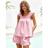 image:imageFlygo Womens Gingham Pajama Sets 2 Piece Summer Ruffle Short Pjs  Cotton Beach Clothes Square Neck Cami Tops Plaid Elastic Waist Shorts with Pockets Drawstring Daily Sleep Rest LoungewearPink