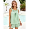 image:imageFlygo Womens Gingham Pajama Sets 2 Piece Summer Ruffle Short Pjs  Cotton Beach Clothes Square Neck Cami Tops Plaid Elastic Waist Shorts with Pockets Drawstring Daily Sleep Rest LoungewearGreen