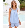 image:imageFlygo Womens Gingham Pajama Sets 2 Piece Summer Ruffle Short Pjs  Cotton Beach Clothes Square Neck Cami Tops Plaid Elastic Waist Shorts with Pockets Drawstring Daily Sleep Rest LoungewearBlue