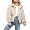 image:imageFlygo Winter Cropped Puffer Jacket Coats for Women 2026  Cute Short Warm Quilted Jackets Outerwear with Zip Pockets Long Sleeve Stand Collar Full Zip Loose Fit for Cold WeatherBeige