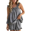 image:imageFlygo Womens Gingham Pajama Sets 2 Piece Summer Ruffle Short Pjs  Cotton Beach Clothes Square Neck Cami Tops Plaid Elastic Waist Shorts with Pockets Drawstring Daily Sleep Rest LoungewearBlack
