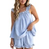 image:imageFlygo Womens Gingham Pajama Sets 2 Piece Summer Ruffle Short Pjs  Cotton Beach Clothes Square Neck Cami Tops Plaid Elastic Waist Shorts with Pockets Drawstring Daily Sleep Rest LoungewearBlue
