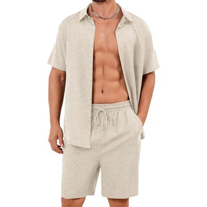 image:imageFlygo Mens Cotton Linen Shorts Sets 2 Piece Beach Outfit  Lightweight Breathable Linen Blend Button Down ShirtsampShorts Set Summer Outfits for Beach Vacation LoungewearNatural