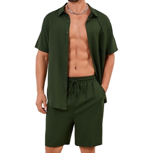 image:imageFlygo Mens Cotton Linen Shorts Sets 2 Piece Beach Outfit  Lightweight Breathable Linen Blend Button Down ShirtsampShorts Set Summer Outfits for Beach Vacation LoungewearArmy Green