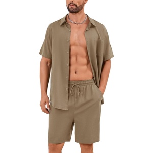 image:imageFlygo Mens Cotton Linen Shorts Sets 2 Piece Beach Outfit  Lightweight Breathable Linen Blend Button Down ShirtsampShorts Set Summer Outfits for Beach Vacation LoungewearShallow Coffee