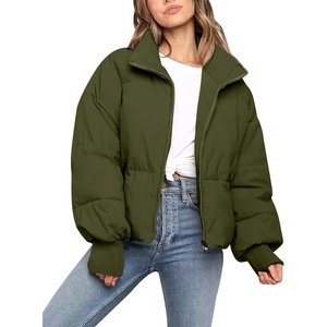 image:imageFlygo Winter Cropped Puffer Jacket Coats for Women 2026  Cute Short Warm Quilted Jackets Outerwear with Zip Pockets Long Sleeve Stand Collar Full Zip Loose Fit for Cold WeatherArmy Green