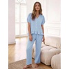 image:imageFlygo Womens Gingham Pajama Sets Puff Sleeve 2 Piece Lounge Pj Sets  100 Cotton Short Sleeve Button Down V Neck Ruffle Hem High Waist Drawstring Pants with Pockets for Bridal PostpartumBlue