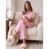 image:imageFlygo Womens Gingham Pajama Sets Puff Sleeve 2 Piece Lounge Pj Sets  100 Cotton Short Sleeve Button Down V Neck Ruffle Hem High Waist Drawstring Pants with Pockets for Bridal PostpartumPink