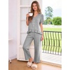 image:imageFlygo Womens Gingham Pajama Sets Puff Sleeve 2 Piece Lounge Pj Sets  100 Cotton Short Sleeve Button Down V Neck Ruffle Hem High Waist Drawstring Pants with Pockets for Bridal PostpartumBlack