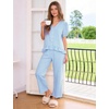 image:imageFlygo Womens Gingham Pajama Sets Puff Sleeve 2 Piece Lounge Pj Sets  100 Cotton Short Sleeve Button Down V Neck Ruffle Hem High Waist Drawstring Pants with Pockets for Bridal PostpartumBlue