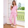 image:imageFlygo Womens Gingham Pajama Sets Puff Sleeve 2 Piece Lounge Pj Sets  100 Cotton Short Sleeve Button Down V Neck Ruffle Hem High Waist Drawstring Pants with Pockets for Bridal PostpartumPink