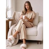 image:imageFlygo Womens Gingham Pajama Sets Puff Sleeve 2 Piece Lounge Pj Sets  100 Cotton Short Sleeve Button Down V Neck Ruffle Hem High Waist Drawstring Pants with Pockets for Bridal PostpartumBrown