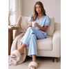 image:imageFlygo Womens Gingham Pajama Sets Puff Sleeve 2 Piece Lounge Pj Sets  100 Cotton Short Sleeve Button Down V Neck Ruffle Hem High Waist Drawstring Pants with Pockets for Bridal PostpartumBlue