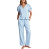 image:imageFlygo Womens Gingham Pajama Sets Puff Sleeve 2 Piece Lounge Pj Sets  100 Cotton Short Sleeve Button Down V Neck Ruffle Hem High Waist Drawstring Pants with Pockets for Bridal PostpartumBlue
