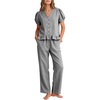 image:imageFlygo Womens Gingham Pajama Sets Puff Sleeve 2 Piece Lounge Pj Sets  100 Cotton Short Sleeve Button Down V Neck Ruffle Hem High Waist Drawstring Pants with Pockets for Bridal PostpartumBlack