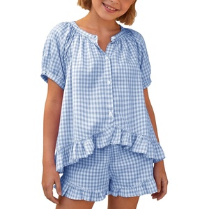 image:imageFlygo Girls Cotton Gingham Sets Cute Summer Outfits Shorts Set 514 YearsBlue