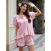 image:imageFlygo Cotton Pajamas for Women Gingham Set Lounge Sets  100 Cotton Plaid Babydoll Top Relaxed Fit Puff Sleeve Shorts Pockets Summer Sleepwear Vacation Wedding PartiesPink